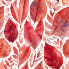Seamless pattern with plant leaves in abstract background. Seamless  pattern with re, leaves in Watercolor style with simple shapes for packaging or textile print. 