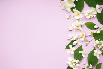 Obraz premium Composition with beautiful jasmine flowers and leaves on lilac background