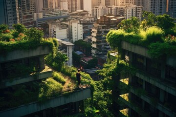 In the heart of a city, a rooftop garden thrives, offering a green oasis amidst the concrete structures. Generative AI