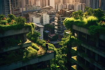 Obraz na płótnie Canvas In the heart of a city, a rooftop garden thrives, offering a green oasis amidst the concrete structures. Generative AI