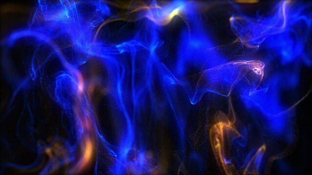 Fluid movement animated background. Blue and yellow particles in the liquid with bokeh effect. Abstract colorful fluid slow motion background. Smoke explosion, paint drops mixing in the water. 4k.