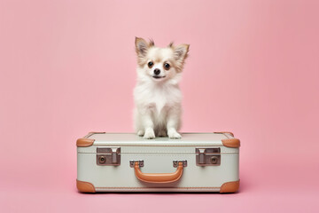 Cute little dog sitting on suitcase. Travel, holliday, pet concept. Ai generative, illustration