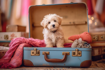 Cute little dog sitting on suitcase. Travel, holliday, pet concept. Ai generative, illustration