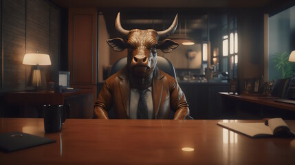 bull wearing formal business suit like a boss in the office: corporate Excellence Personified! Business concept, CEO, accountant, lawyer, writer, teacher, guru, executive. generative ai