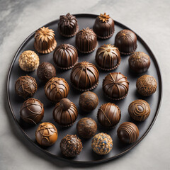 A selection of exquisite chocolate truffles, elegantly crafted and filled with luscious ganache, caramel, or fruity centers