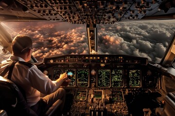 In the high - tech cockpit of an airplane, a pilot expertly navigates through a storm. Generative AI - obrazy, fototapety, plakaty