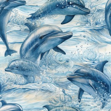Hand drawn look graphic dolphins. Flying dolphins seamless pattern. Dolphin under the sea abstract background. Splashes, ink stain, paint texture.