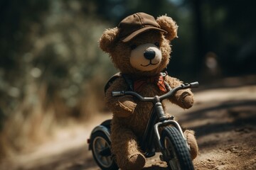Teddy bear on bike with hat on riding down hill. Generative AI