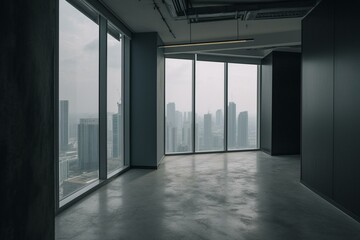 Empty office wall with city view. Modern and minimalistic. Generative AI