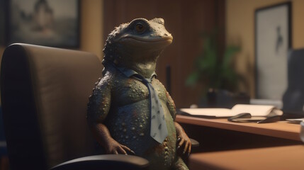 salamander wearing formal business suit like a boss in the office: corporate Excellence Personified! Business concept, CEO, accountant, lawyer, writer, teacher, guru, executive. generative ai