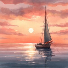 Sailboat sailing on the sea at sunset. Painted with watercolors, the texture of watercolor paper style