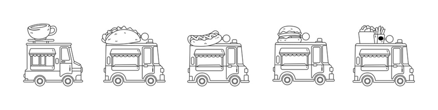 Set of food truck outline sketch hand-drawn collection