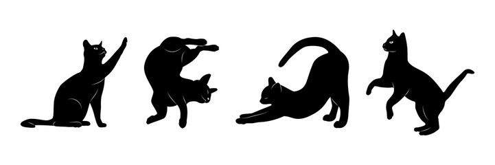 Czarny kot w różnych pozach. 4 koty na białym tle. - obrazy, fototapety, plakaty