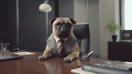 dog wearing formal business suit like a boss in the office: corporate Excellence Personified! Business concept, CEO, accountant, lawyer, writer, teacher, guru, executive. generative ai
