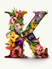 Letter “K” of the Latin alphabet made of colorful flowers. Flowers of diffferent colors, lilies, orchids, viness, white background,  Organic, vivid colors. Generative AI