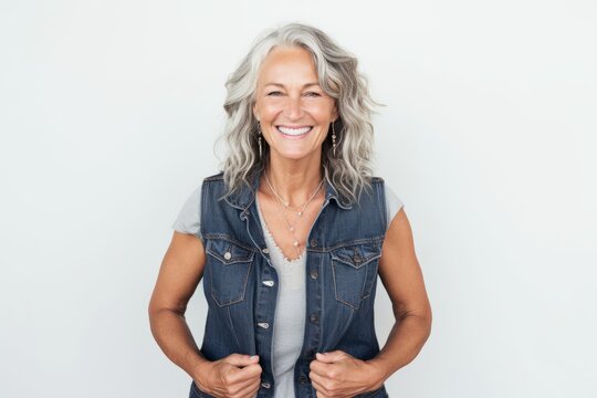 Portrait Of Smiling Mature Woman Standing With Hands On Waist Against White Background