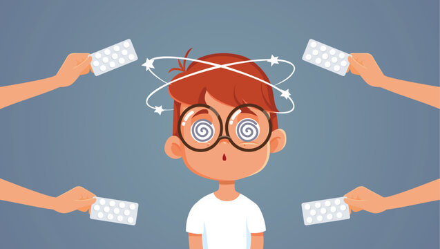 Sick Dizzy Child Receiving Medication and Treatment Vector Cartoon. Nauseated boy taking the proper vertigo medicine in a clinic 
