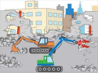 重機でビルの解体工事をしている。