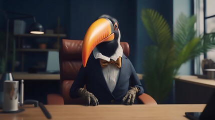 Toucan wearing formal business suit like a boss in the office: corporate Excellence Personified! Business concept, CEO, accountant, lawyer, writer, teacher, guru, executive. generative ai - obrazy, fototapety, plakaty