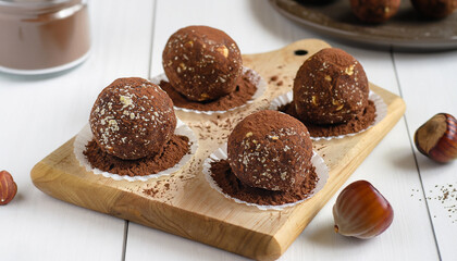 Energy balls. Healthy raw dessert (bliss balls), vegetarian truffles, sugar free candies made of dates, hazelnuts, cocoa powder. Step by step cooking. White wooden background.