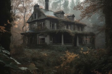 Spooky home in forest. Generative AI