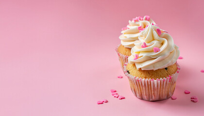 Vanilla cupcakes with cream cheese frosting and pink sprinkles on pink background. Saint Valentine's day or birthday dessert. Beautiful festive food for wedding or baby shower girl. Copy space.
