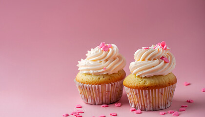 Vanilla cupcakes with cream cheese frosting and pink sprinkles on pink background. Saint Valentine's day or birthday dessert. Beautiful festive food for wedding or baby shower girl. Copy space.