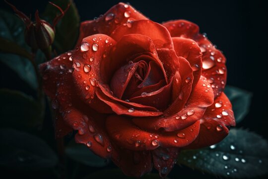 Close-up of a red rose with dew. Generative AI