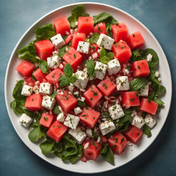 A refreshing watermelon salad, showcasing juicy watermelon cubes, crumbled feta cheese, fresh mint leaves, and a drizzle of balsamic glaze