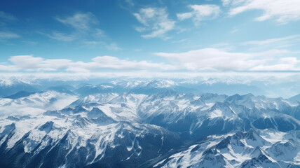 Fototapeta na wymiar Panoramic View of Snow-capped Peaks and Alpine Valleys from a Glider. Generative Ai