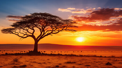 Golden Sunset over the Serengeti Plains. Generative Ai