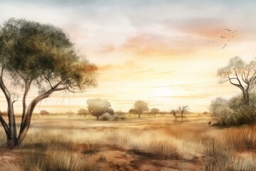 Fototapeta na wymiar Watercolor illustration of an African savannah landscape at sunrise. Generative AI