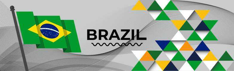 Fototapeta premium Brazil national day banner with Brazilian flag colors theme background and geometric abstract business corporate modern green yellow design. Brasil theme. Rio web sports Vector Illustration.