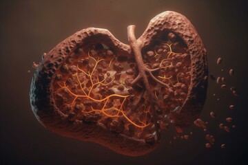 3D illustration of liver steatosis forming a fatty liver silhouette. Generative AI