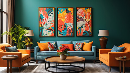 Bold and Bright Living Room Decor for Vibrant Interiors. Generative Ai