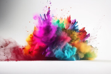 Fototapeta na wymiar A colorful explosion of powder on a white background creates an abstract and creative design that is both festive and playful. This image is AI generative.