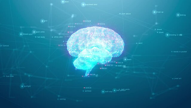 言葉の海に漂うホログラムの脳 / 生成AIとプロンプトのモーションイメージ / 3Dレンダリング / A holographic brain floating in a sea of words. Motion image of generative AI and prompts. 3D rendered.