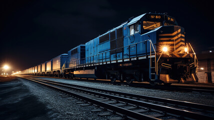 Obraz premium train passing by in front of the railroad tracks at night. Generative Ai