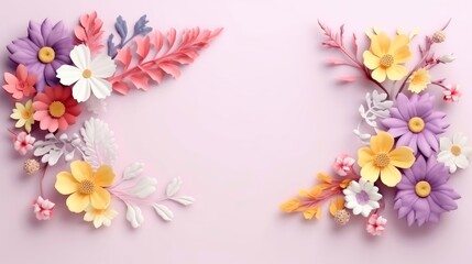 Obraz premium Floral border frame card template. multicolor flowers, leaves, for banner, wedding card. Springtime composition with copy-space, Generative AI illustration
