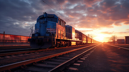 Fototapeta premium train passing by in front of the railroad tracks at sunrise. Generative Ai