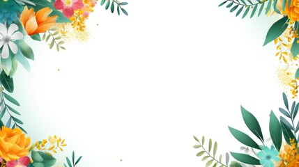 Fototapeta na wymiar Floral border frame card template. multicolor flowers, leaves, for banner, wedding card. Springtime composition with copy-space, Generative AI illustration