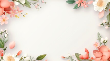 Naklejka na ściany i meble Floral border frame card template. multicolor flowers, leaves, for banner, wedding card. Springtime composition with copy-space, Generative AI illustration