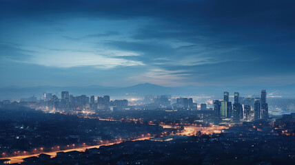 Obraz premium Twilight Cityscape. Urban Lights and Enchanting Colors at Dusk. Generative Ai