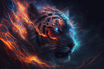 Image of an angry tiger head with a burning fire on black background. Wildlife Animals. Illustration, Generative AI. - obrazy, fototapety, plakaty