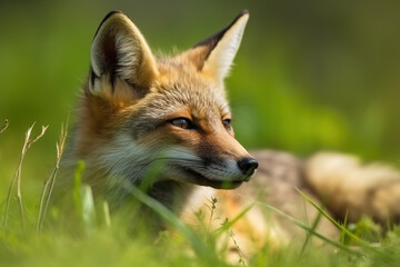 Naklejka na ściany i meble Image of fox resting on green pasture grass on summer. Wildlife Animals. Illustration. Generative AI.