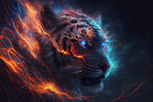 Image of an angry tiger head with a burning fire on black background. Wildlife Animals. Illustration, Generative AI.