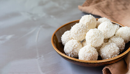 Coconut balls, raw and healthy sugar free rafaello candies. Vegetarian energy sweets recipe step by...