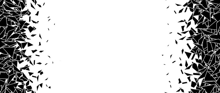 Debris and shatters in vertical repeating border. Black broken triangle pieces, specks, speckles, particles, shivers. Abstract explosion and disintegrating textured background. Vector illustration 