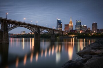Fototapeta premium Cityscape of Nashville with bridge and buildings at twilight. Generative AI