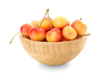 Bowl with sweet yellow cherries on white background